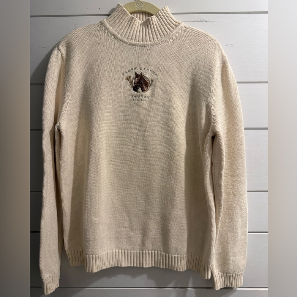 Vintage Lauren Ralph Lauren Equestrian Sweater Cream Mock Neck Knit Sz M